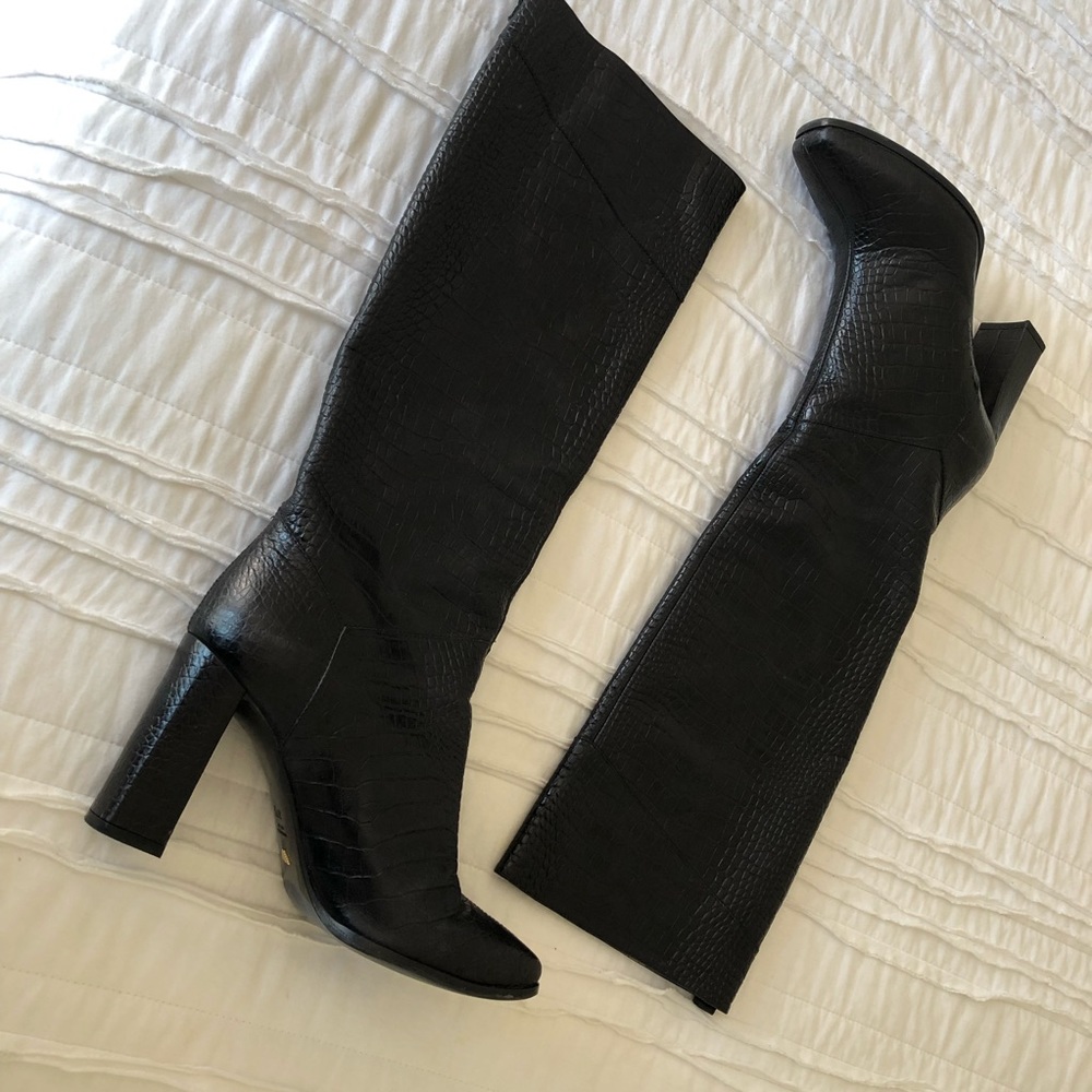 Armani knee high black leather boots.